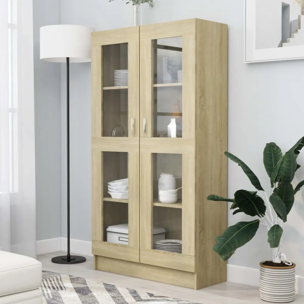 sonoma tölgy színű szerelt fa vitrinszekrény 82,5x30,5x150 cm