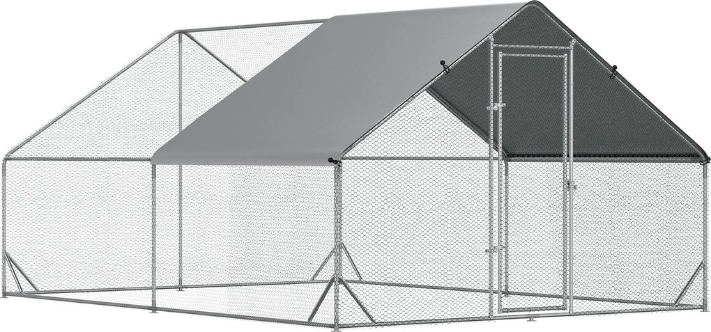 PawHut Külső Tyúkól Futótér, Acél, 300 x 400 x 200 cm Tyúk Ketrec Takarással, Ajtóval, 8-12 Tyúkhoz, Kisállatokhoz, Ezüst | Aosom