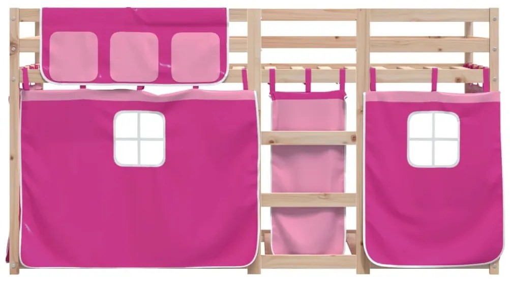 rózsaszín tömör fenyőfa emeletes ágy függönyökkel 75 x 190 cm