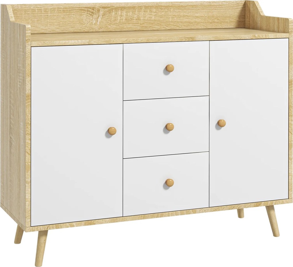 HOMCOM Fa Éjjeliszekrény 3 Fiókkal és 2 Kettős Szintű Szekrénnyel, Modern és Többfunkciós Bútor a Konyhához, Étkezőhöz és Nappalihoz, 90x32x80 cm, Feh