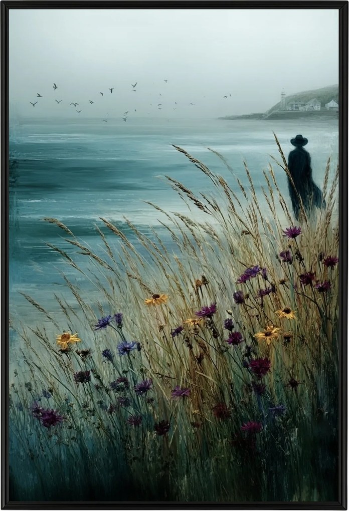 Poszter Keret Alumínium Tájkép Tenger Part Hullámok Virágok Fű Figura 40x60