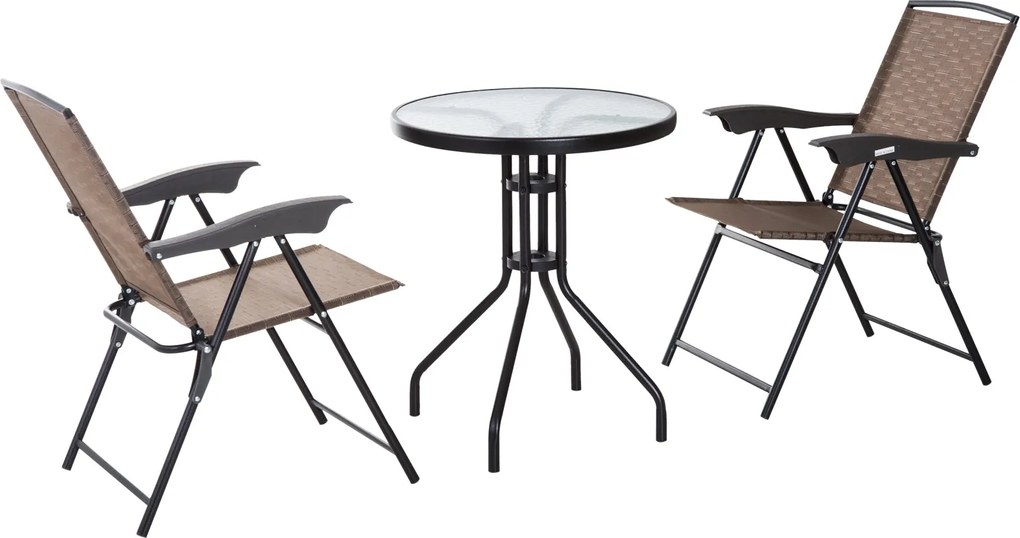 Outsunny Kerti Bútor Készlet Asztal és 2 Szék Kültéri Teraszra Összecsukható Szék 4 Szintű Dőlésszög Textilén Acél Váz Barna | Aosom