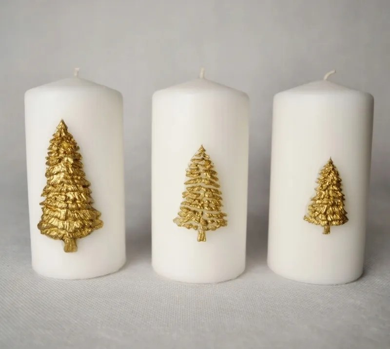3 db-os Gyertya Szett Henger 6,5x12 CM Karácsonyfa Arany