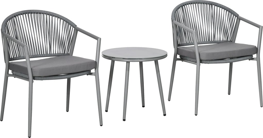 Outsunny 3 Részes Rattan Bistro Szett, Ülőgarnitúra, Kertibútor Két Kerti Székkel, Kávézóasztallal, Erkély Bútor Szett Kerthez, Teraszhoz, Acél, Szürk