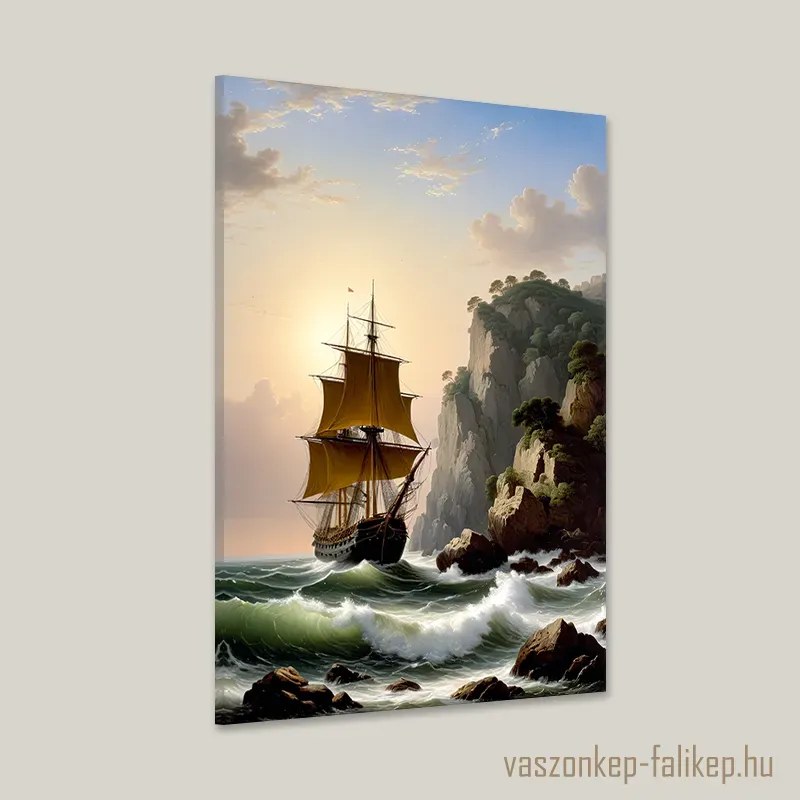 Vitorláshajó a sziklás partonkál tájkép – Prémium vászonkép 40x60cm