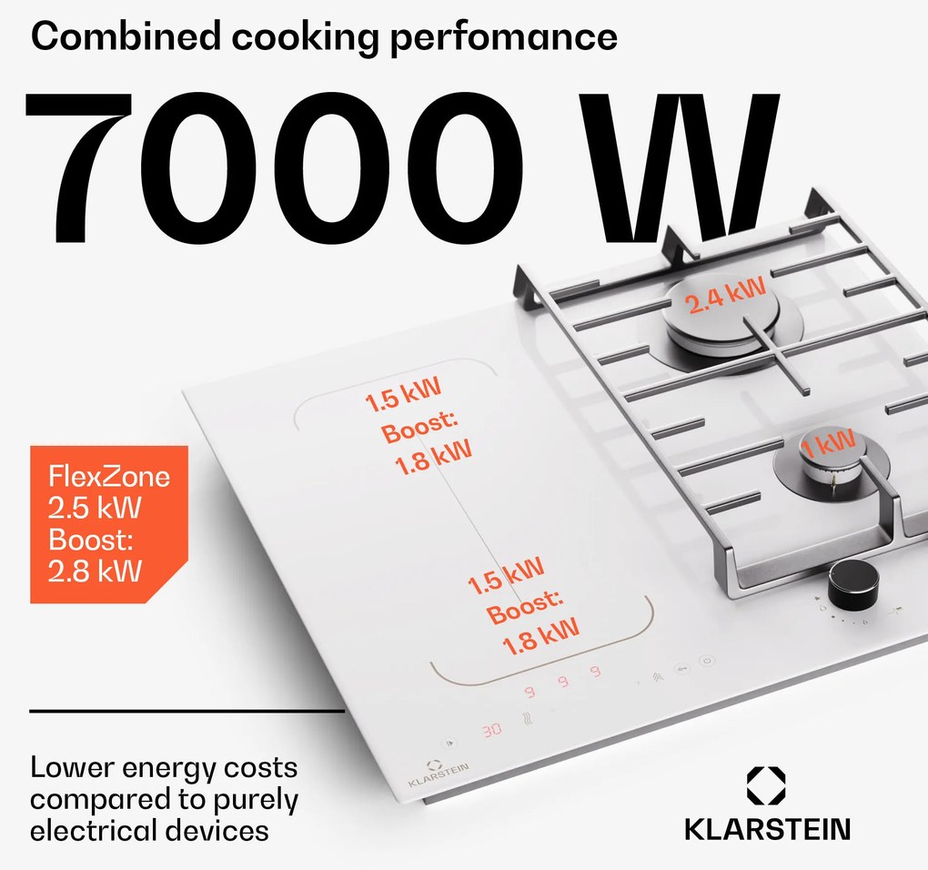 Klarstein MultiChef 4, indukciós és gáz tűzhely, 4 főzőzóna, 2 gázégő, 2 indukciós főzőlap, FlexZone
