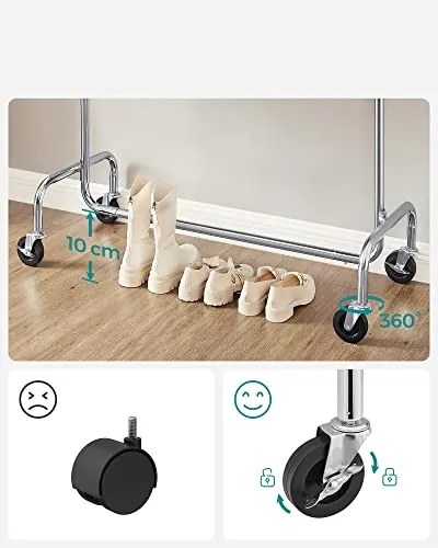 IRENE ruhatartó állvány kerekekkel, max. 130kg, 150x45x160cm, ezüst SongmicsHome