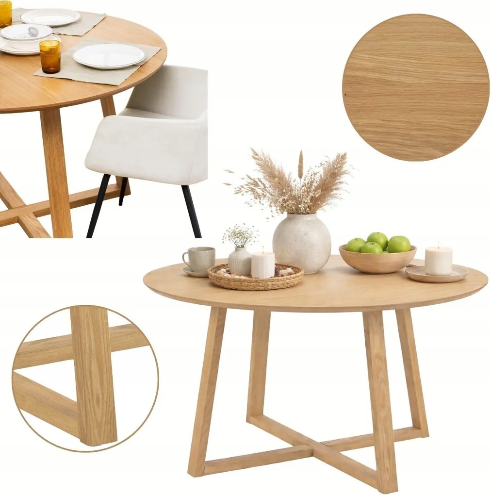 Étkezőasztal Ø120x75cm Tölgy furnér Olajozott skandináv Kerek