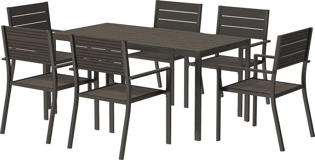 Outsunny 7 részes étkezőszett 6 fő részére, étkezőasztallal és 6 rakásolható székkel, terasz- és kertibútor szett slatolt asztallal, sötétbarna | Aoso
