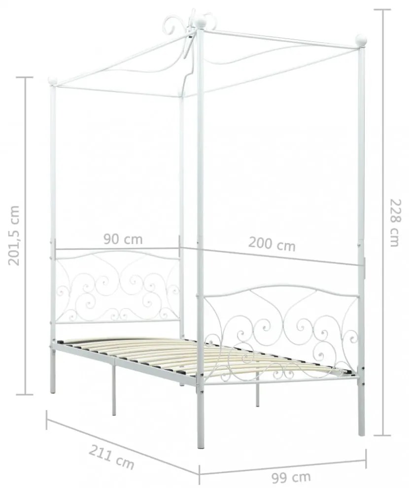 fehér fém baldachinos ágykeret 90 x 200 cm