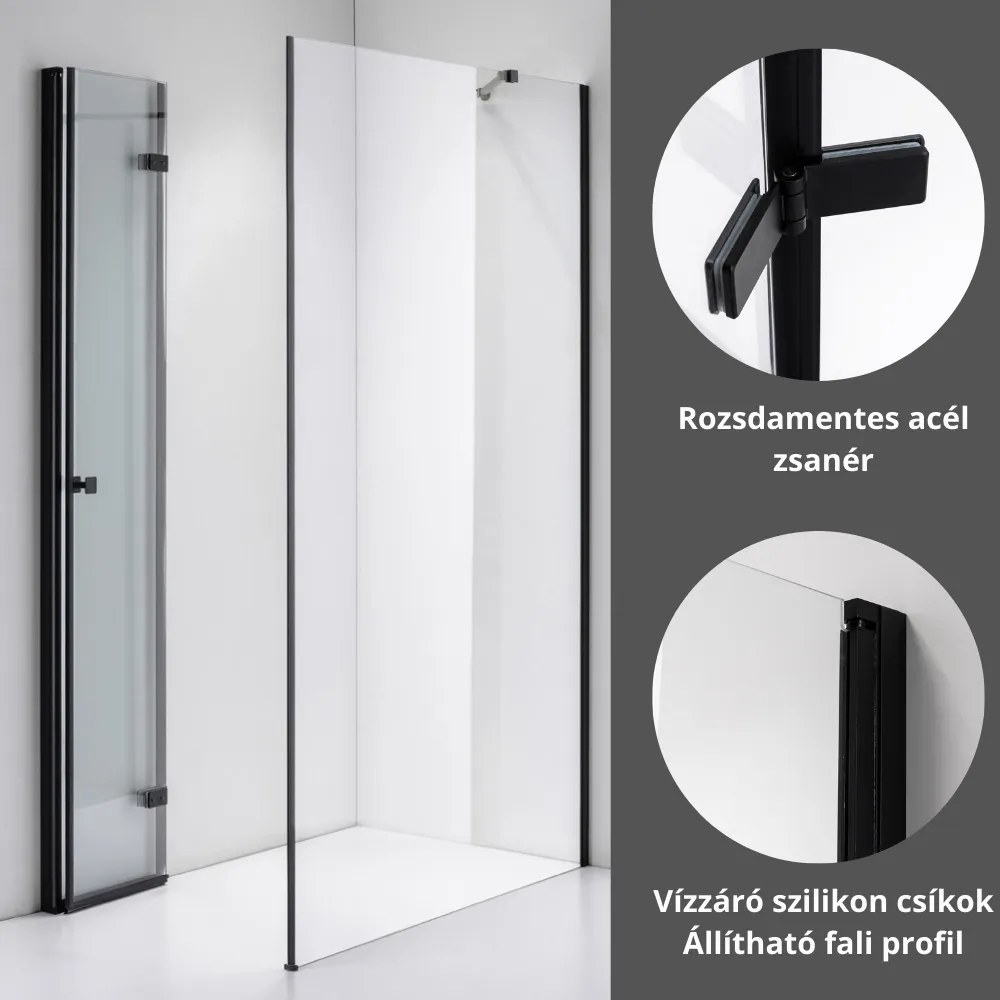 Stuxi Verona Black 80x100 aszimmetrikus csuklóajtós zuhanykabin 6 mm vízlepergető biztonsági üveggel, fekete