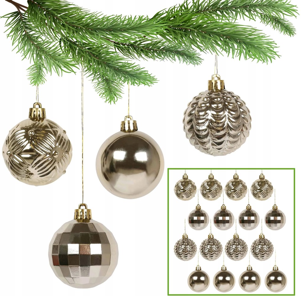 Arany karácsonyfadísz szett, karácsonyfadísz 6cm, 16 db 1 csomag