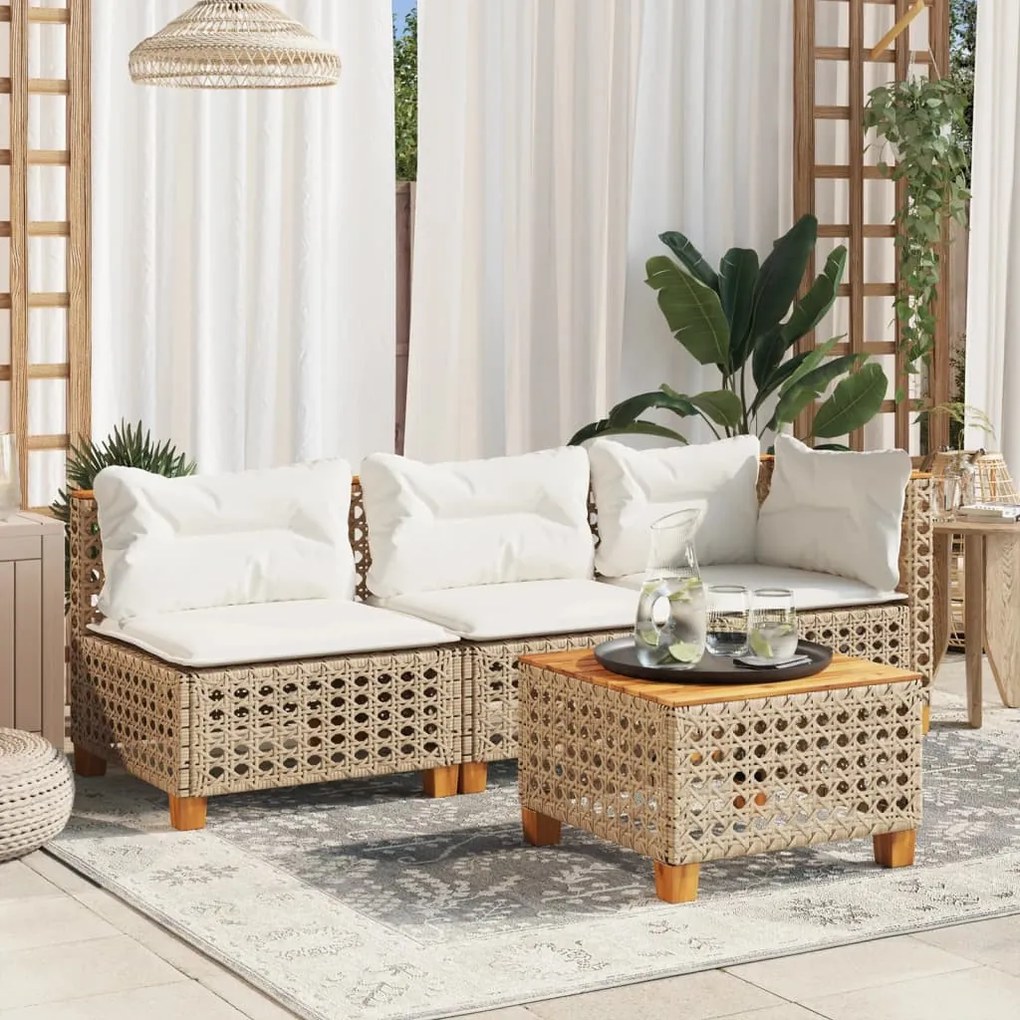 bézs polyrattan és akácfa kerti asztal 55 x 55 x 36 cm