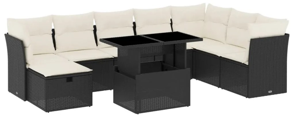 9 részes fekete polyrattan kerti ülőgarnitúra párnákkal