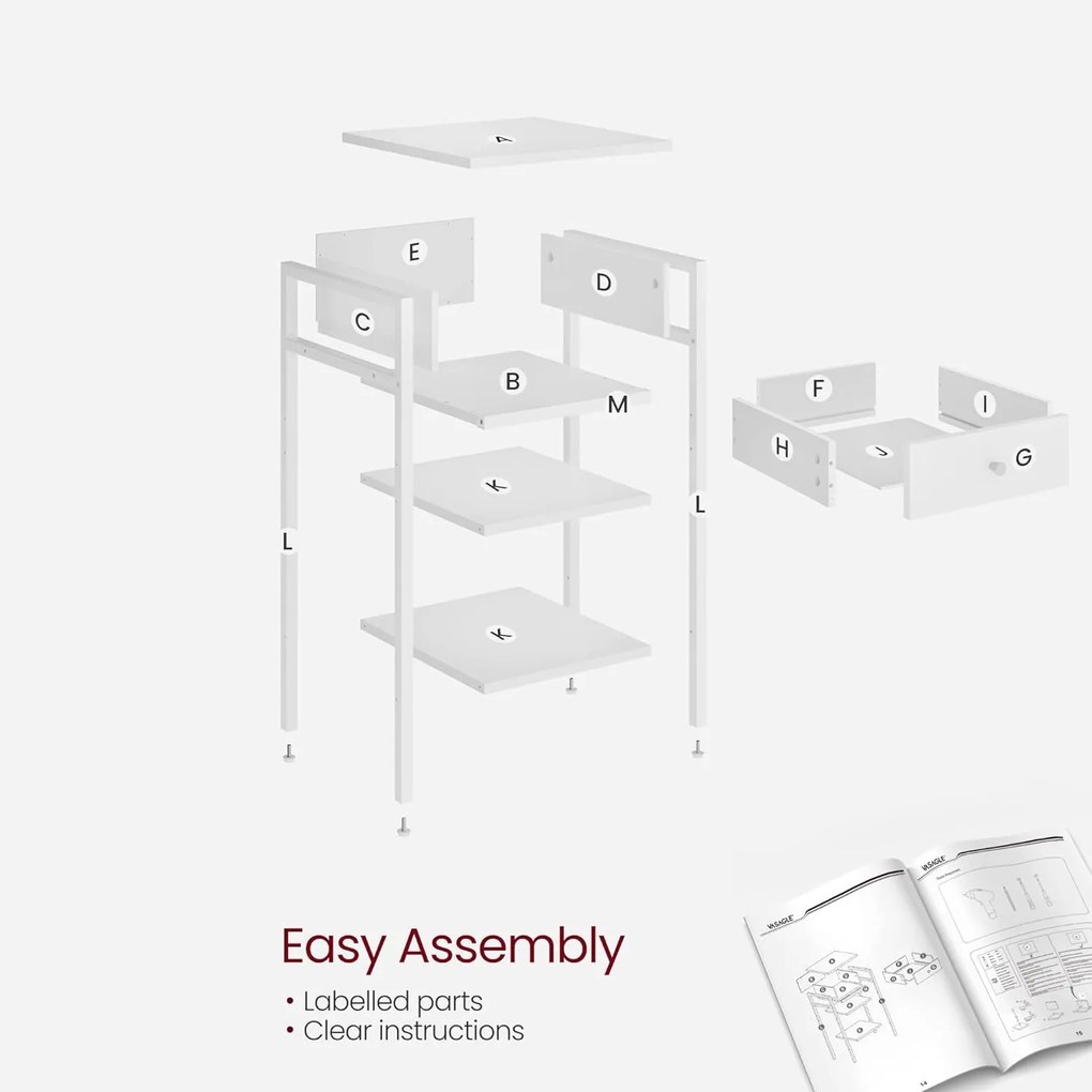 Lerakó asztal, éjjeli szekrény, fiókos, két polccal, 35 x 35 x 70 cm, fehér