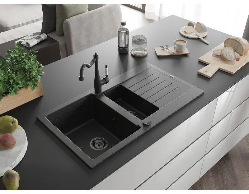 Mexen Matias, gránit mosogató 900x505x200 mm, 1,5 kamrás és mosogató csaptelep Carla, fekete-ezüst metál, 6502-73-670700-70-B