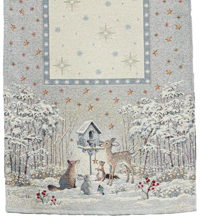 Téli erdő ezüst lurexes, gépi gobelin asztali futó, 44 x 140 cm