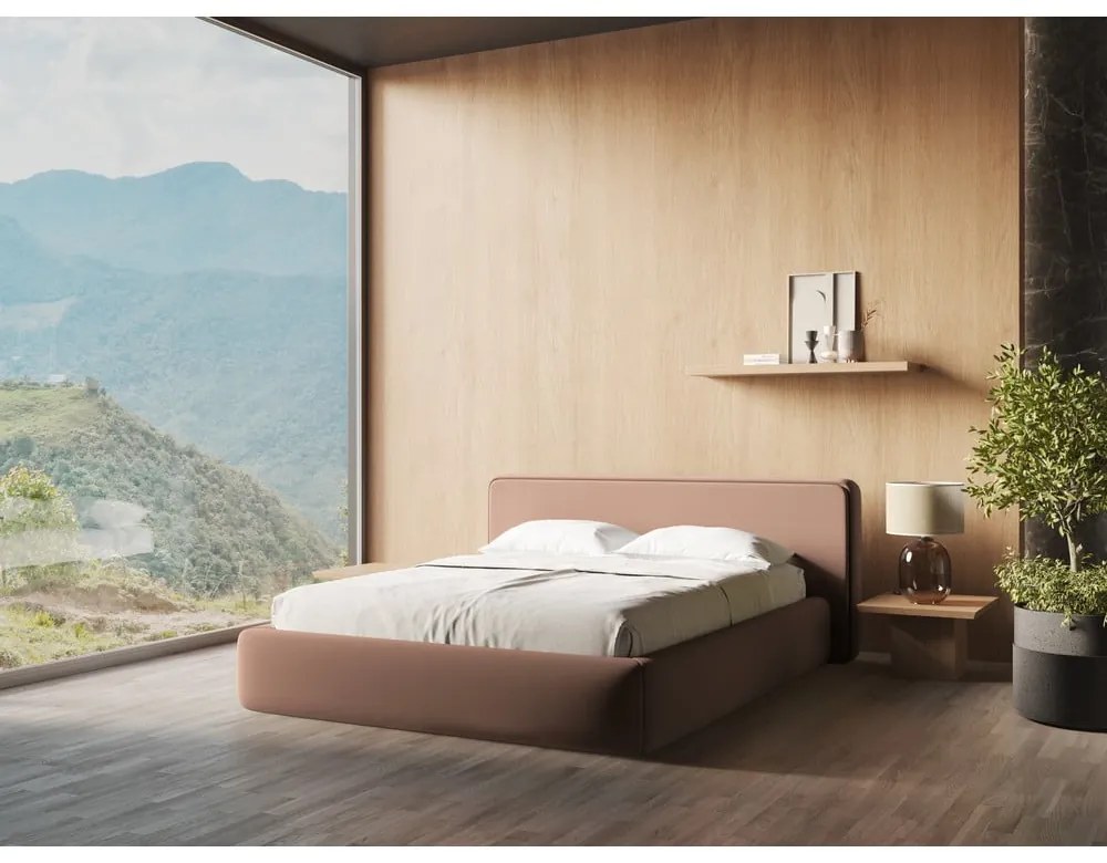 Világos rózsaszín kárpitozott ágyneműtartós franciaágy ágyráccsal 180x200 cm Kiana – Makamii