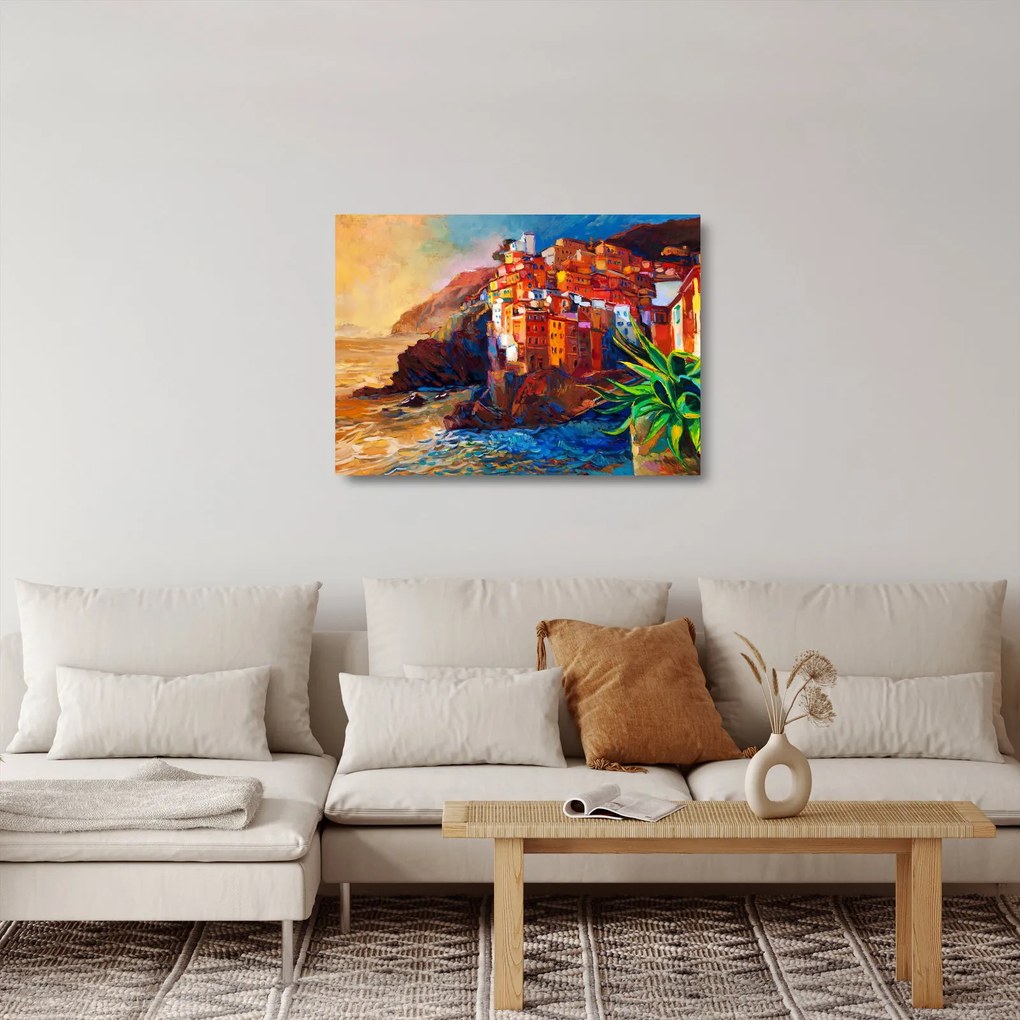 Kép - Falu Cinque Terre partján, az olasz riviérán, modern impresszionizmus (üvegen) (70x50 cm)