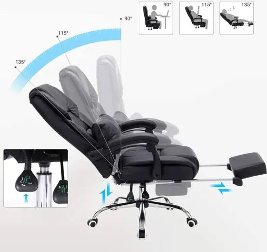 Irodai fotel összecsukható lábtartóval, állítható háttámlával