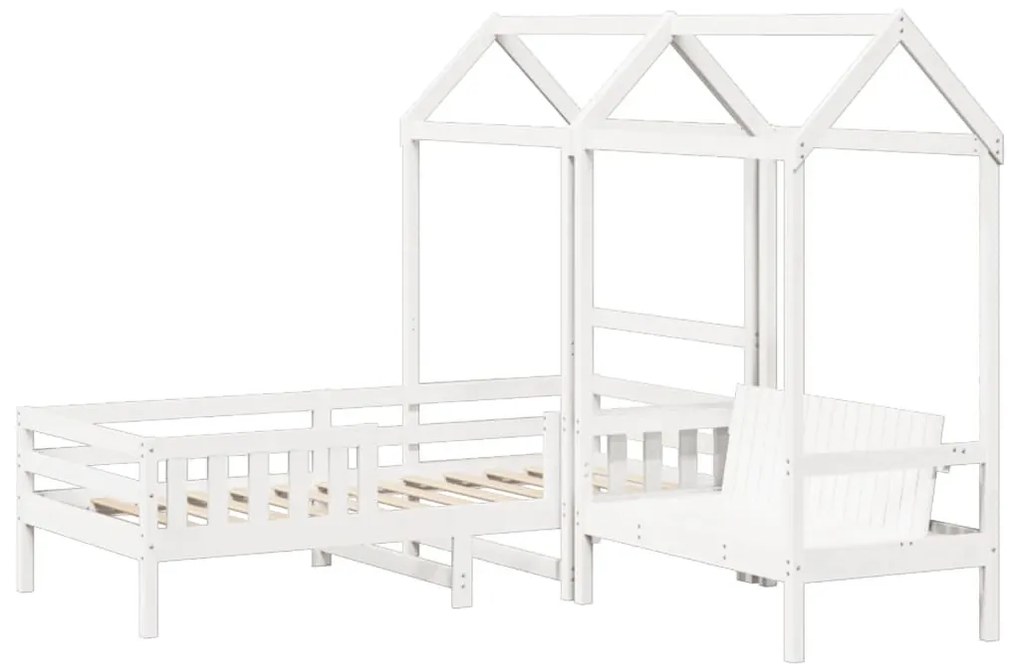 fehér tömör fenyőfa ágy és pad szett tetővel 80 x 200 cm