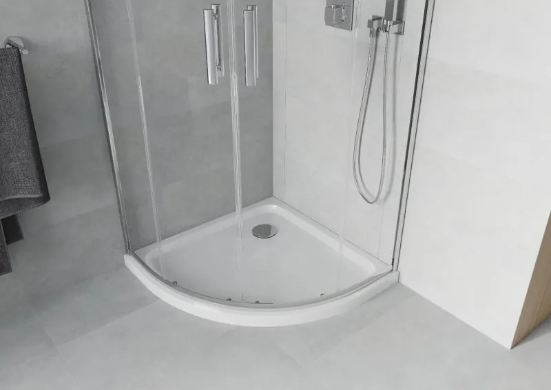 Mexen Rio 90 x 90 cm-es félköríves zuhanykabin, átlátszó, króm + Flat fehér zuhanytálca - 863-090-090-01-00-4110