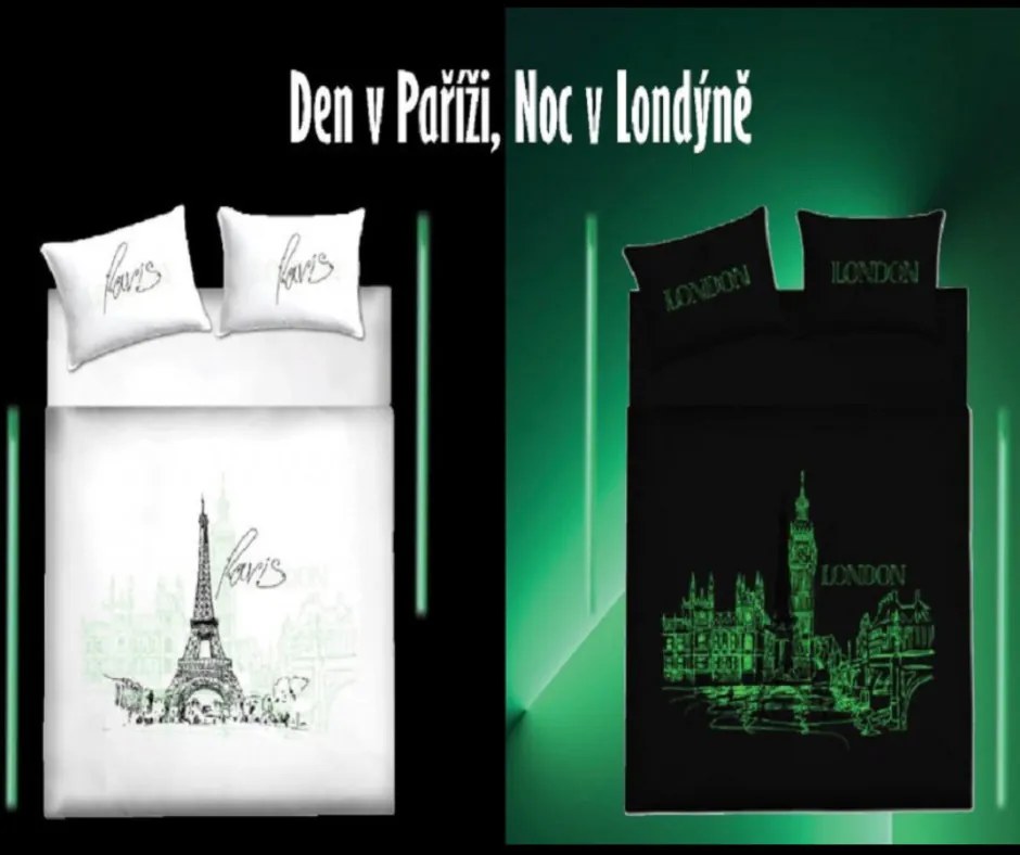 Világító pamut ágyneműhuzat Deluxe 3D nappal Párizsban éjszaka Londonban 200x140cm+90x70cm TiaHome