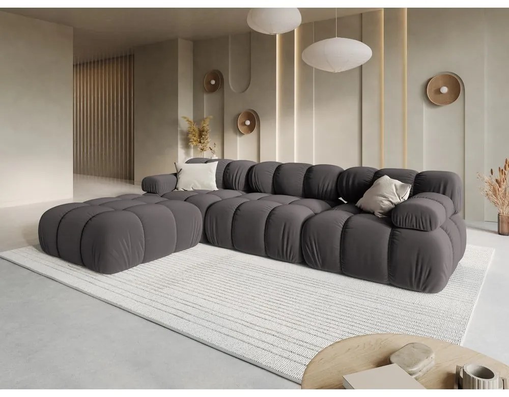 Sötétszürke bársony sarokkanapé Bellis – Micadoni Home
