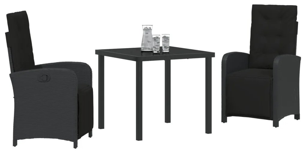3 Darabos Kerti Étkezőasztal Párnákkal Fekete Polirattan, Kerti Asztal Fekete 80x80x73 cm Edzett Üveg