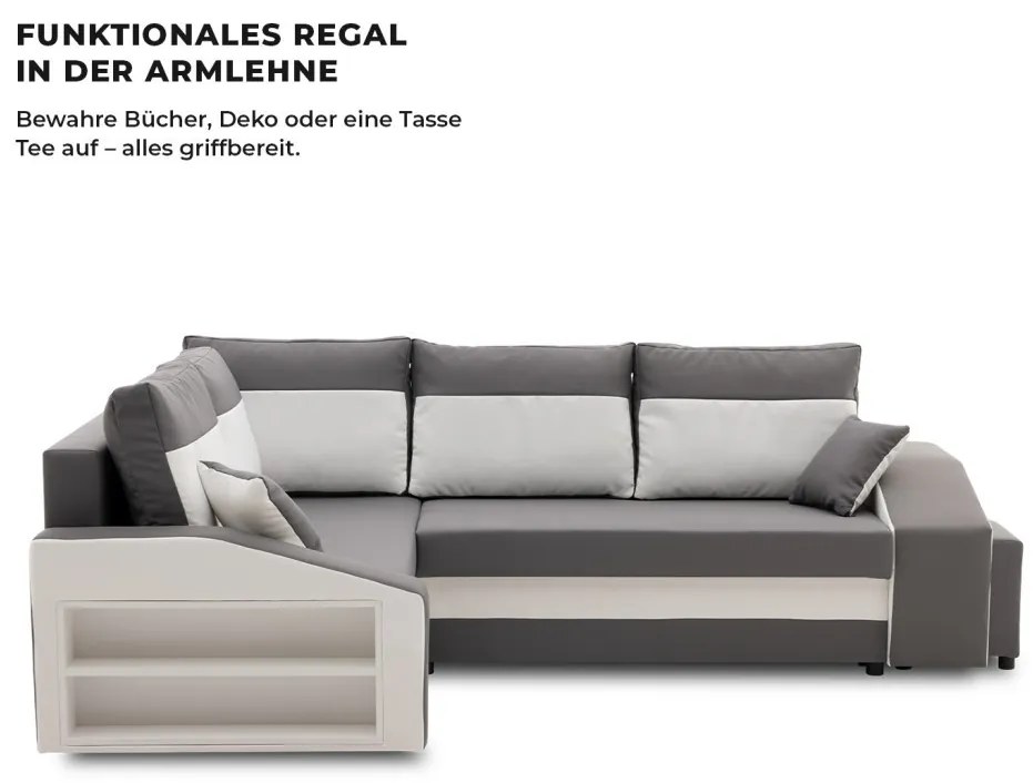 Grande sarokkanapé polcokkal és puffokkal , polc a bal karfaban puffok a jobb karfaban, baloldali, szövet anyag, bonell töltet, szürke - fehér