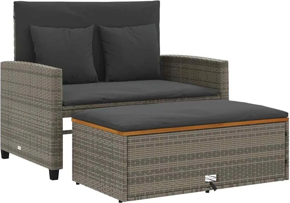 vidaXL 2 személyes szürke polyrattan/akácfa kerti kanapé párnával