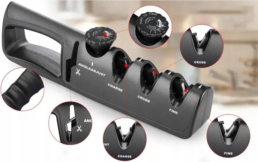 Késélező Konyhai Késekhez És Ollókhoz, Köszörűkő 5 az 1-ben, Állítható Szög 14°–24°