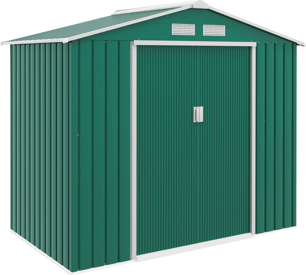 Outsunny Kerti Fészer 2,42m² Erősítő Alap nélküli 213x130x185 cm Kültéri Kerti Fészer 2 Csúszóajtóval és 4 Ablakkal Szerszámok Tárolására Sötétzöld |