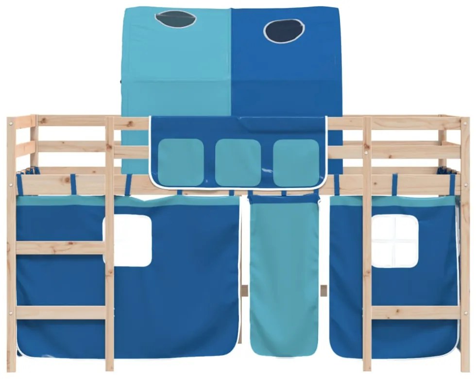 kék tömör fenyőfa gyerek galériaágy alagúttal 90 x 190 cm