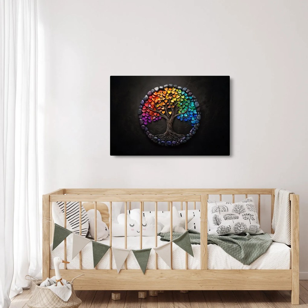 Kép – Fa színes szívekkel (90x60 cm)