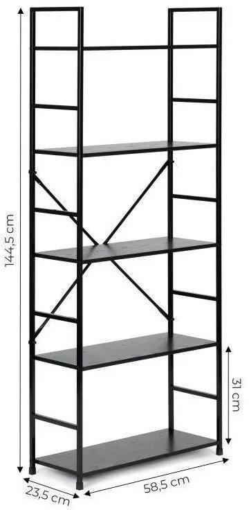 Fekete 5 szintes nyitott könyvespolc, tároló állvány fém lábakkal - 59x144cm Intenso