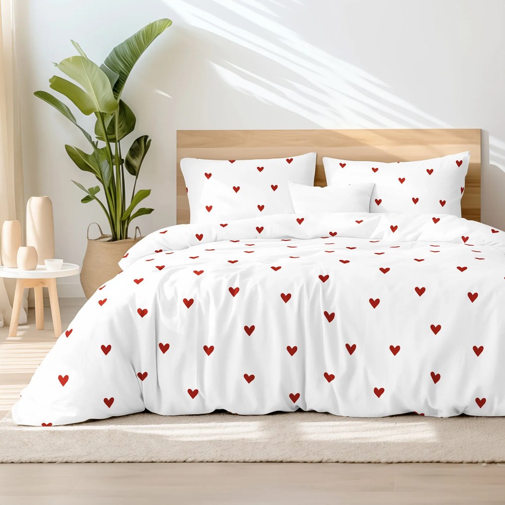 Goldea pamut ágyneműhuzat - piros szívecskék, fehér alapon 140 x 200 és 70 x 90 cm