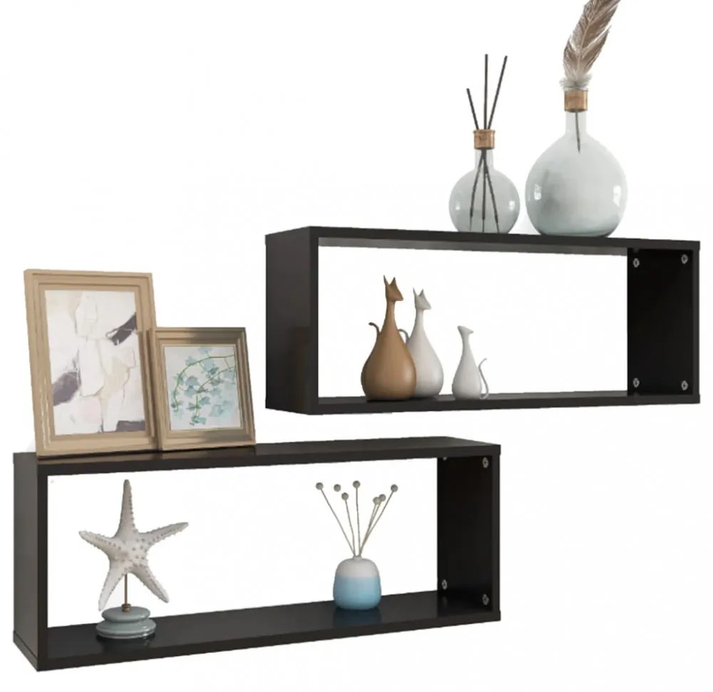 2 db fekete szerelt fa négyszögű fali polc 60 x 15 x 23 cm
