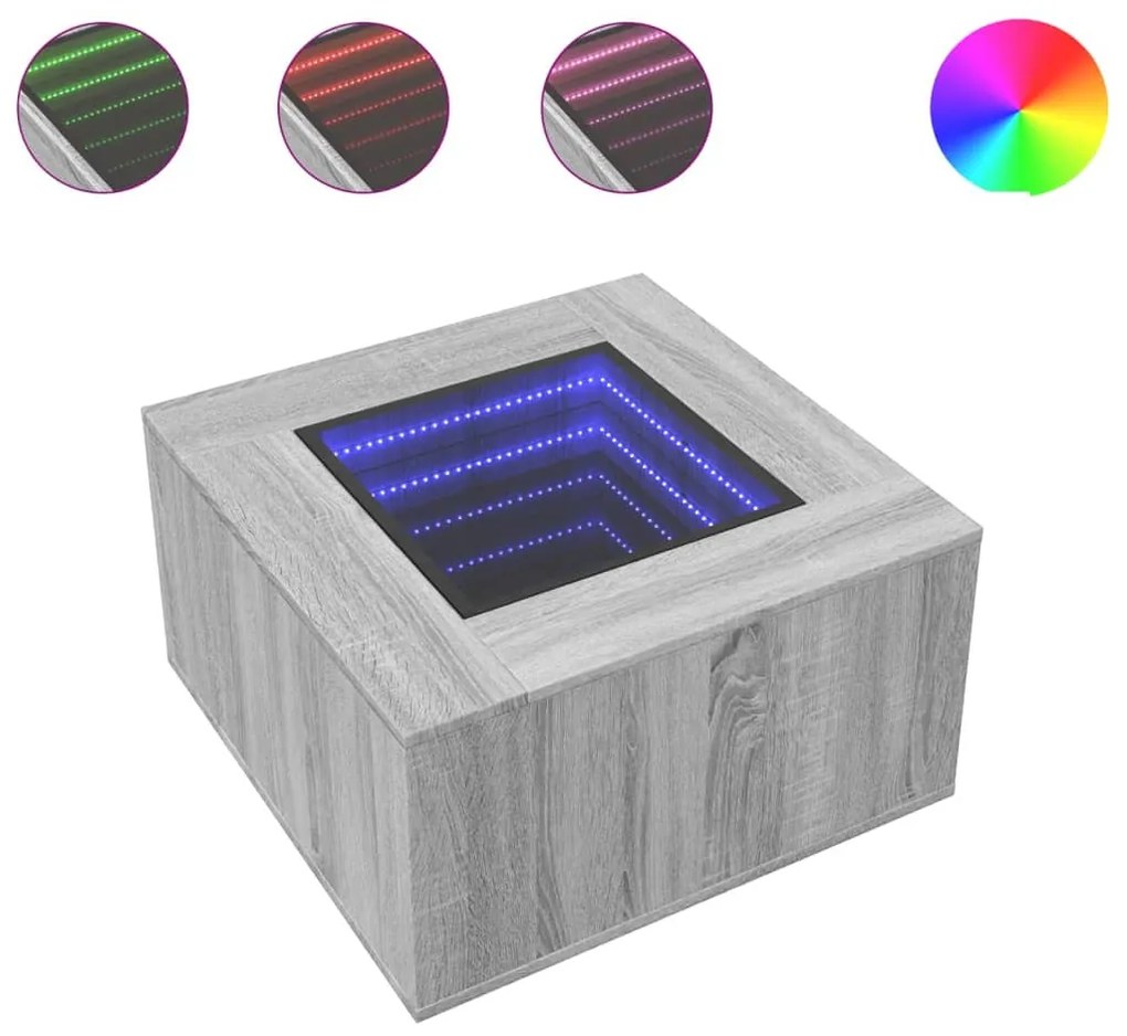 Szürke sonoma szerelt fa dohányzóasztal LED-del 60 x 60 x 40 cm