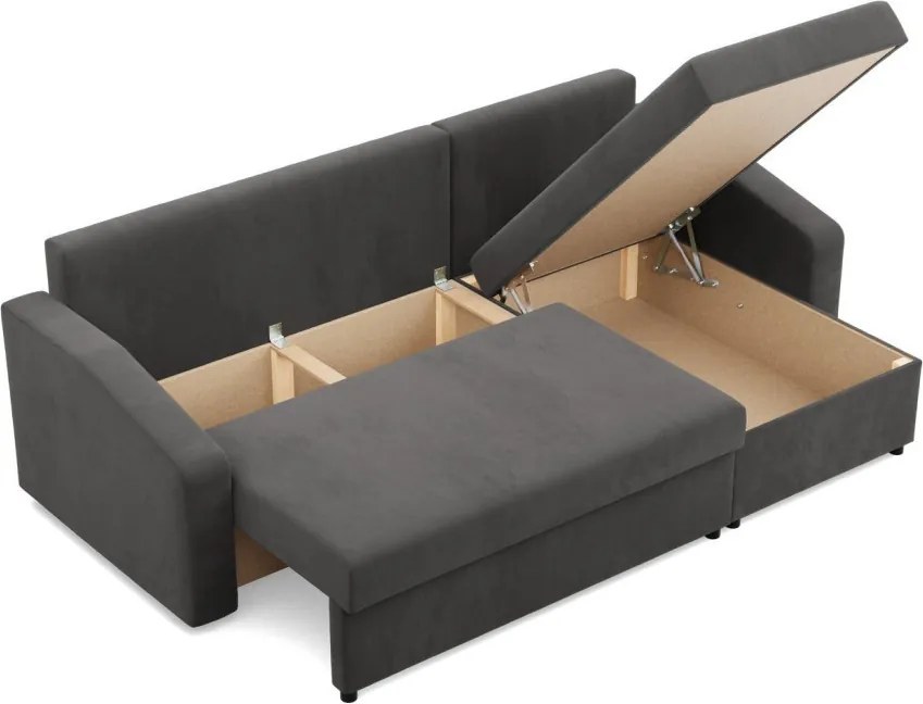 Zeus sarokkanapé, 1 ágyneműtartóval, döntött kartámasz, szövet anyag, univerzális oldal, bonell töltet, szürke