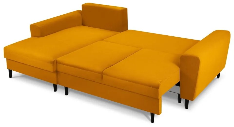 Mustársárga kordbársony kinyitható tárolóhelyes sarokkanapé (bal oldali-heverő résszel) Kyoto – Cosmopolitan Design