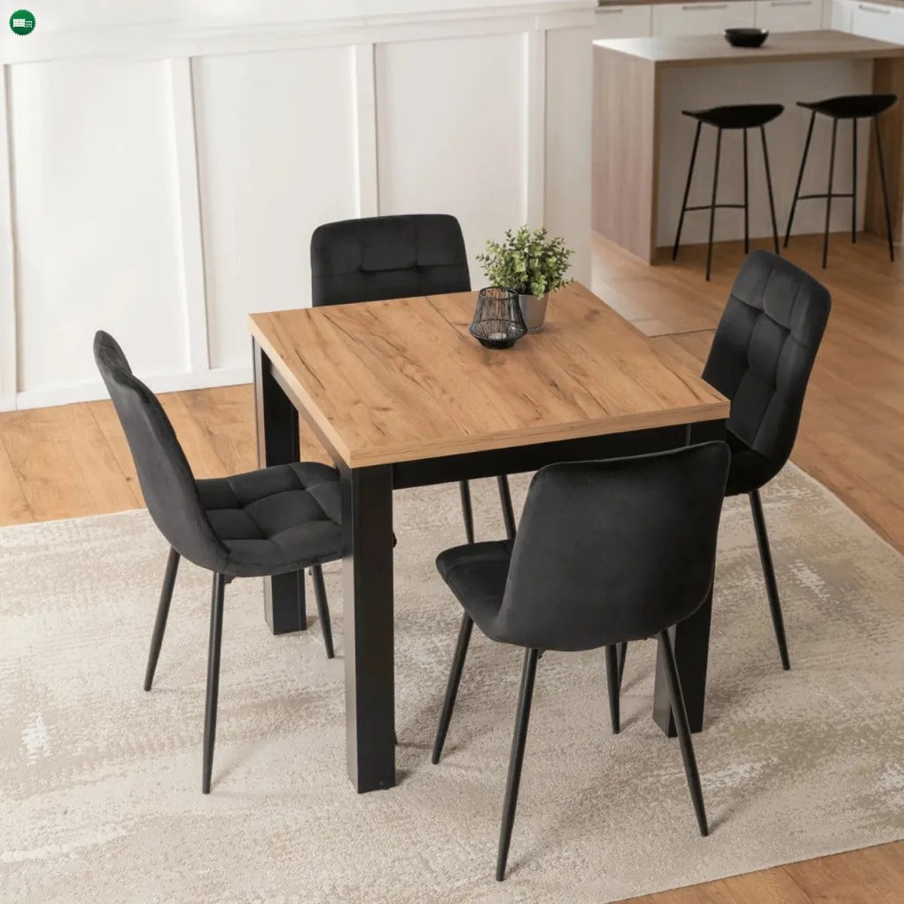 szett étkezőasztal MAX 80-160 cm craft tölgy/fekete és 4 szék PERU fekete