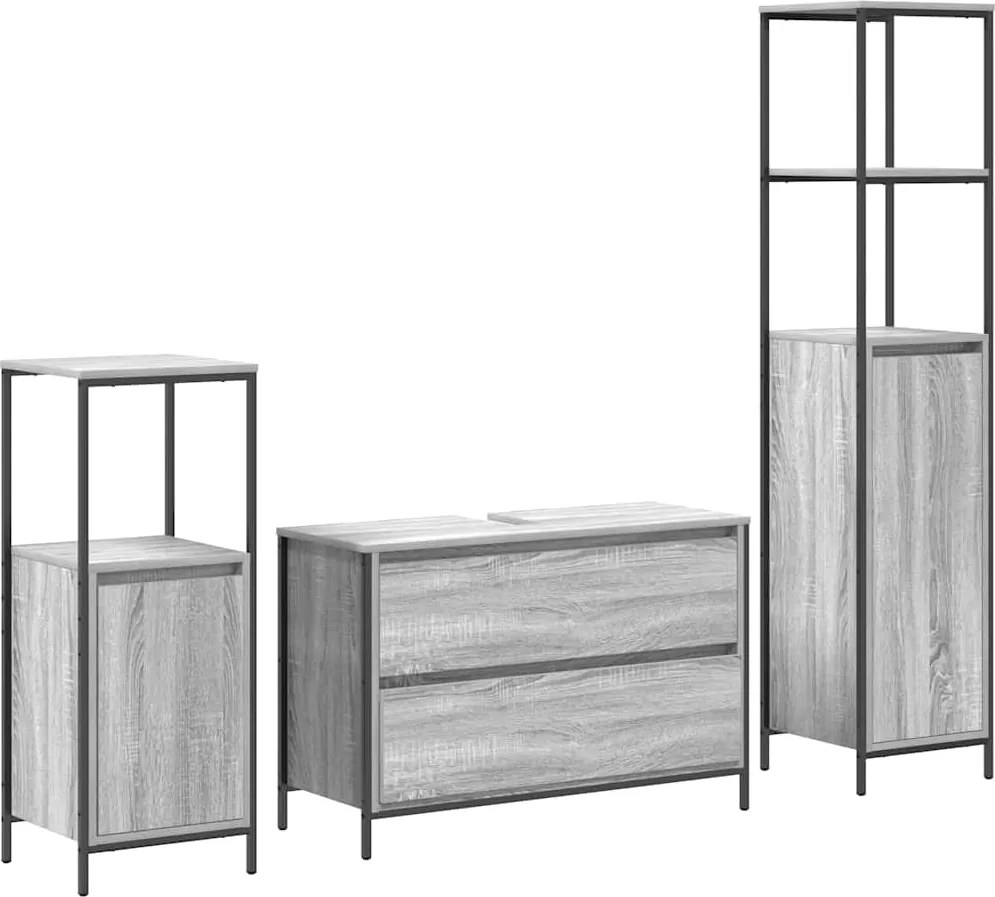 vidaXL Fürdőszoba bútor szett fiókkal 3 pcs Szürke Sonoma Faanyag