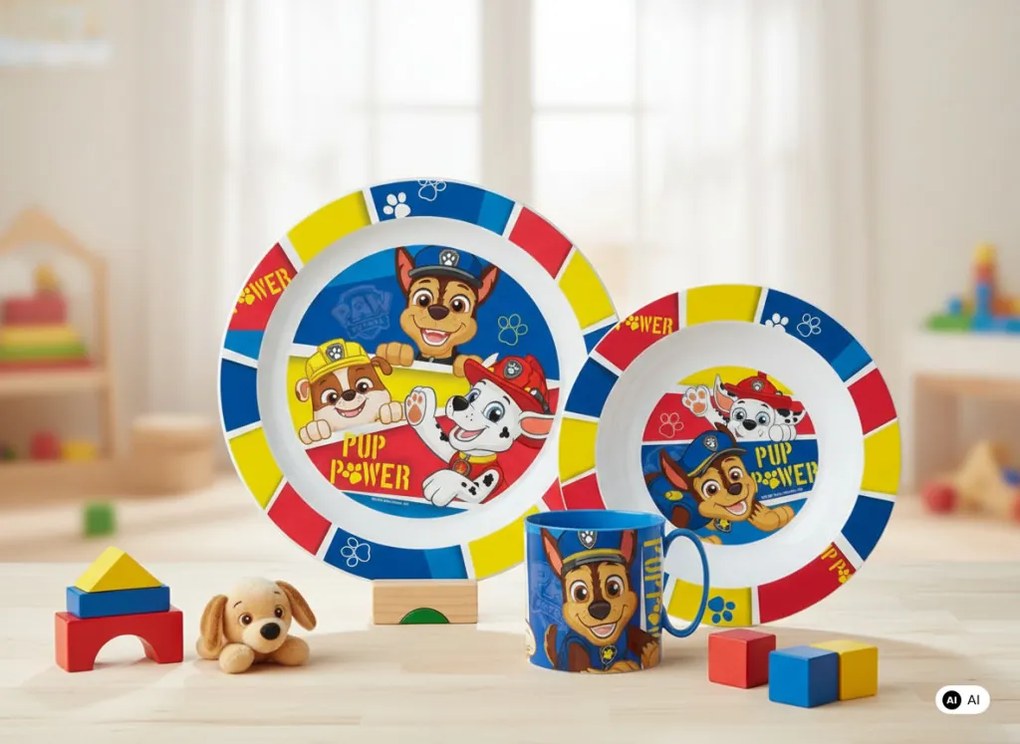 Mancs Őrjárat Pup Power étkészlet, micro műanyag szett bögrével 265 ml