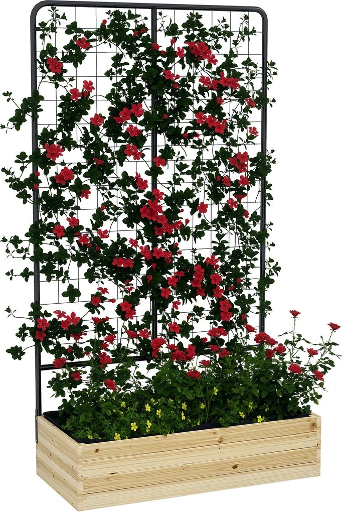 Outsunny magaságyás trellisszel, fából készült növényláda, fűszerágyás, virágláda kerthez, erkélyhez, natúr fa, 80 x 38 x 145 cm | Aosom