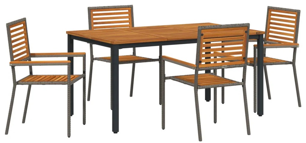 5 Részből Álló Kerti Étkező Szett Szürke Polyrattan Akác, Egymásra Rakható Kerti Székek párnákkal 2 db Szürke Polyrattan, Kerti Asztal 150x90x75 cm Szilárd Akácfa és Fém