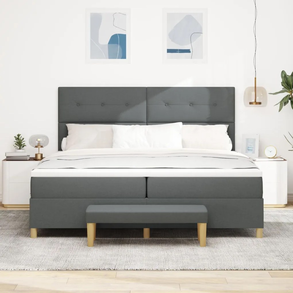 Boxspring Ágy Matrac és Pad Sötét Szürke 200x200 cm Szövet