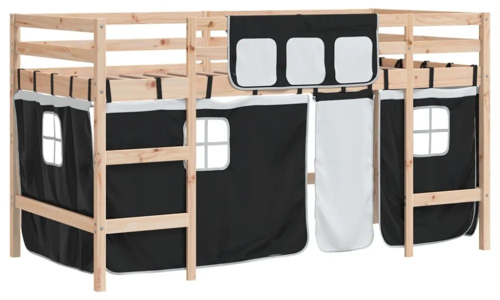 fehér-fekete tömör fenyő gyerek galériaágy függönnyel 90x190 cm