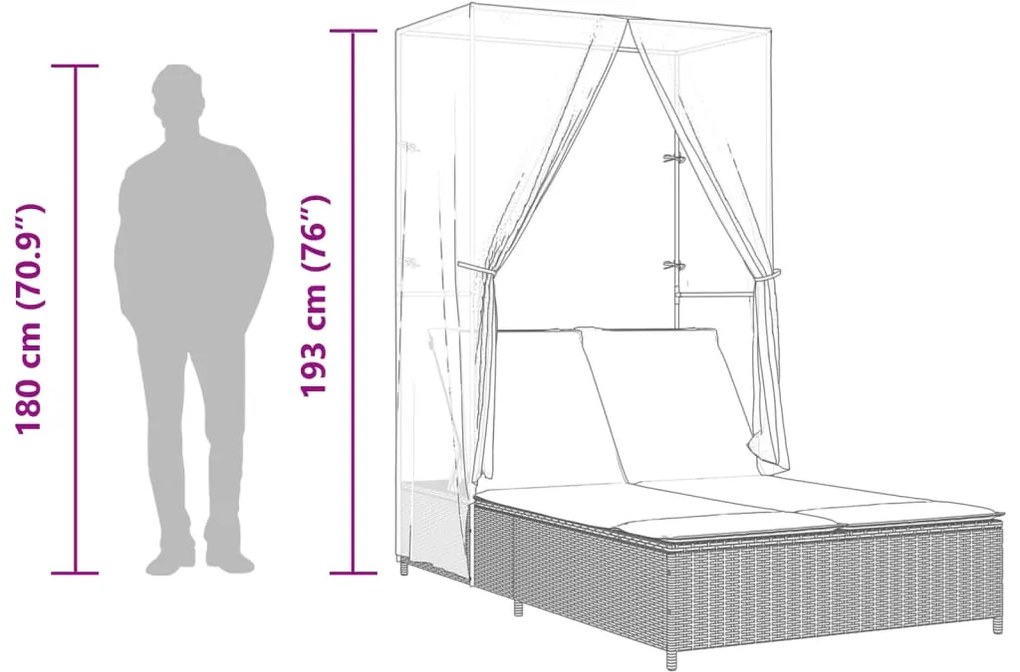 barna polyrattan dupla napozóágy tetővel és függönyökkel
