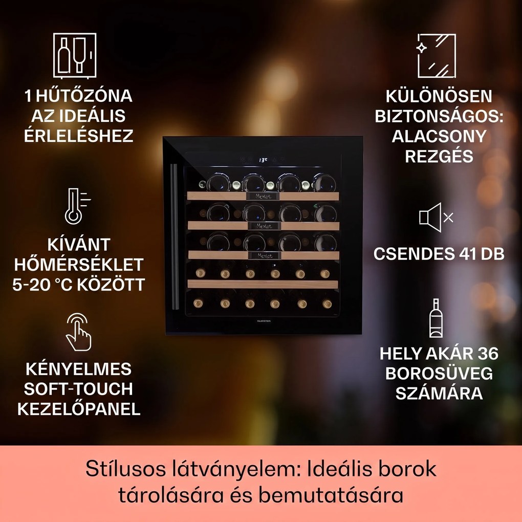 Klarstein Vinsider 36 Built-In Uno, beépített borhűtő, 92 liter, 36 palack, rozsdamentes acél